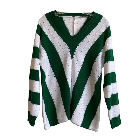 V-neck stripped white and green sweater - Picture 1 of 4